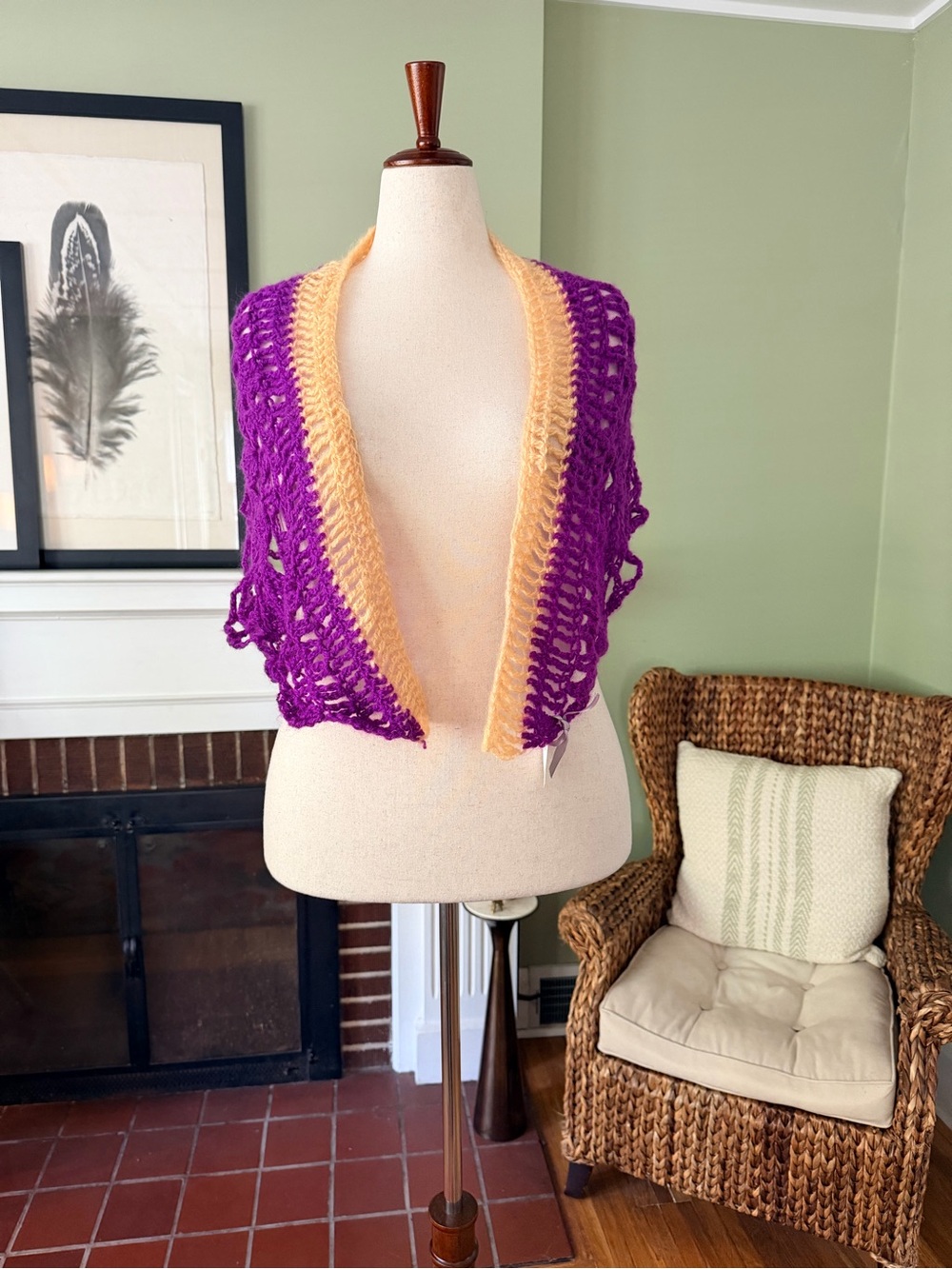 Artisan Handmade Electric Lavender Vintage Mohair Crochet Triangle Shawl Wrap